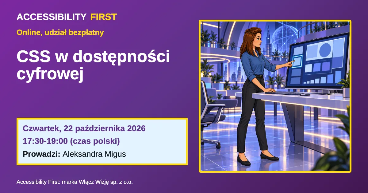 Ola w niebieskiej koszuli stoi profilem przy komputerze i wskazuje wyróżniony obrys prostokąta na ekranie z siatką, kontrastowymi polami i słupkami różnej wielkości.