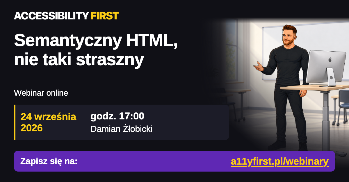 Grafika webinaru „Semantyczny HTML, nie taki straszny”. Damian stoi przy komputerze Apple w jasnej sali szkoleniowej.